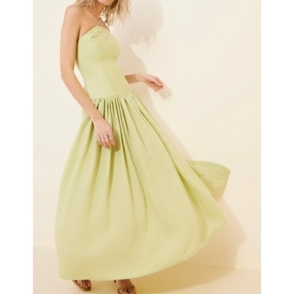 Rendoll Lexy Linen Blend Maxi Dress Light Green Dropped Waist Size 6 UK10